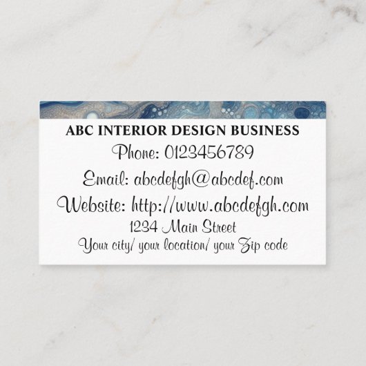 Moderne blauw zilveren marmeren textuur en typogra visitekaartje (Achterkant)