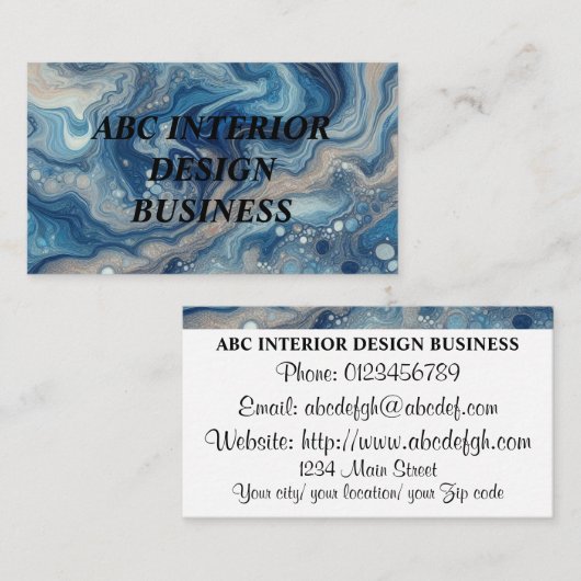 Moderne blauw zilveren marmeren textuur en typogra visitekaartje (Voorkant / Achterkant)