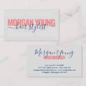 Moderne blauwblauwe koraalharen stylist script visitekaartje (Voorkant / Achterkant)