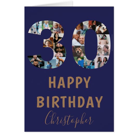 Moderne Blauwe 30e Gelukkige Verjaardag Fotocollag (Voorkant)
