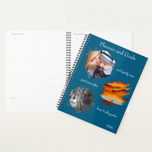 Moderne blauwe aangepaste fotocollage planner doel (Display)