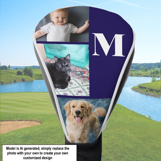 Moderne blauwe aangepaste fototemplate monogram golfheadcover