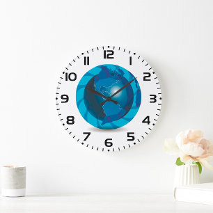 Moderne blauwe aardglobe wereldkaart grote klok