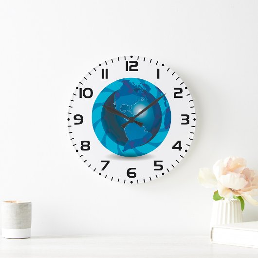 Moderne blauwe aardglobe wereldkaart grote klok