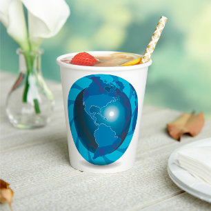 Moderne blauwe aardglobe wereldkaart papieren bekers