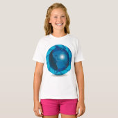 Moderne blauwe aardglobe wereldkaart t-shirt (Voorkant volledig)