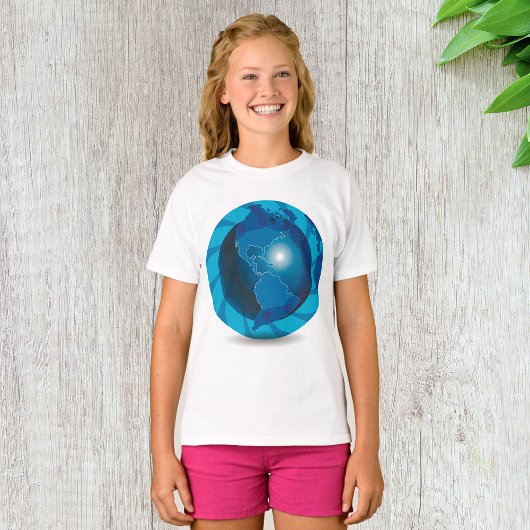 Moderne blauwe aardglobe wereldkaart t-shirt