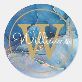 Moderne Blauwe Agaat Geode Gouden Monogram Schrift Ronde Sticker