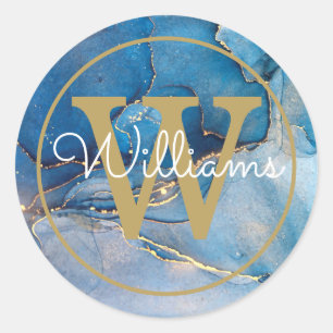 Moderne Blauwe Agaat Geode Gouden Monogram Schrift Ronde Sticker