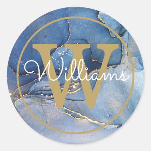 Moderne Blauwe Agaat Geode Gouden Monogram Schrift Ronde Sticker (Voorkant)