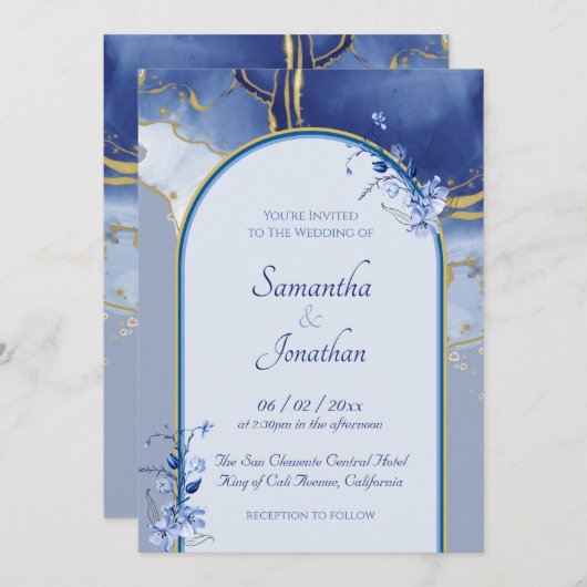 Moderne Blauwe Aqua Marmeren Trouw Uitnodiging (Voorkant / Achterkant)