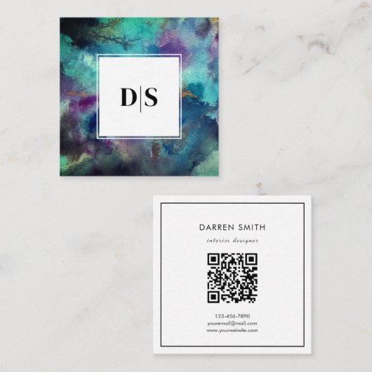 Moderne Blauwe Aquarel Abstracte QR Code Monogram Vierkante Visitekaartje (Voorkant / Achterkant)
