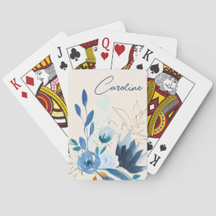 Moderne Blauwe Aquarel Bloemen Gepersonaliseerde N Pokerkaarten