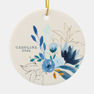 Moderne Blauwe Aquarel Bloemen Persoonlijk 2022 Keramisch Ornament