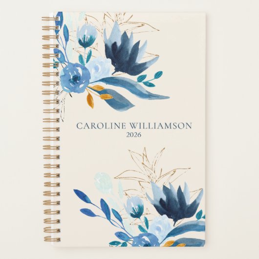 Moderne Blauwe Aquarel Bloemige Gepersonaliseerde Planner (Voorkant)