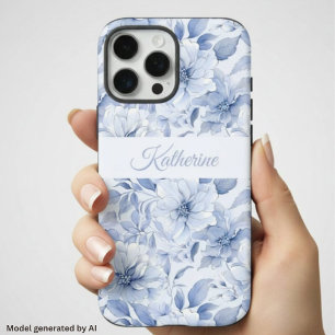 Moderne Blauwe Aquarel Bloemmotief Naam iPhone 16 Pro Max Hoesje