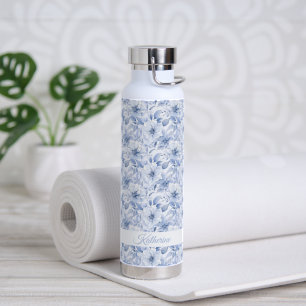 Moderne Blauwe Aquarel Bloemmotief Naam Waterfles