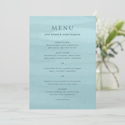Moderne Blauwe Aquarel Elegante Trouwdag Menu (Staand voorkant)