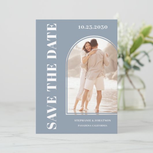 Moderne, blauwe Arch foto opslaan datum Save The Date (Staand voorkant)