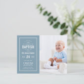 Moderne blauwe baby jongen foto doop briefkaart (Staand voorkant)