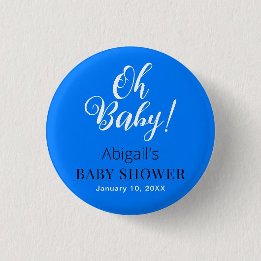 Moderne Blauwe Baby showers Button met aangepaste  (Voorkant)