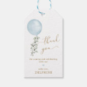 Moderne blauwe ballon eucalyptus baby jongen dank  cadeaulabel (Voorkant)