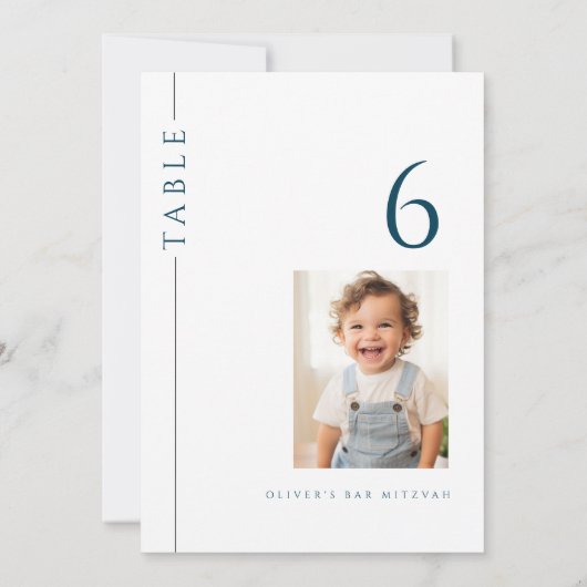 Moderne Blauwe Bar Mitswa Tafelnummer met Foto (Achterkant)
