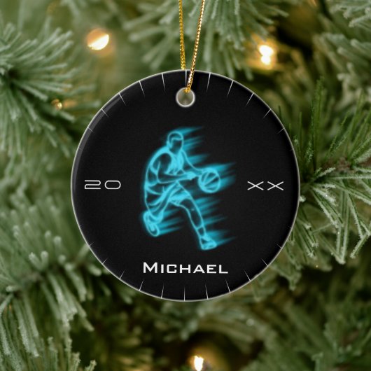 Moderne blauwe Basketball Ghost Player Name & Year Keramisch Ornament (Boom)