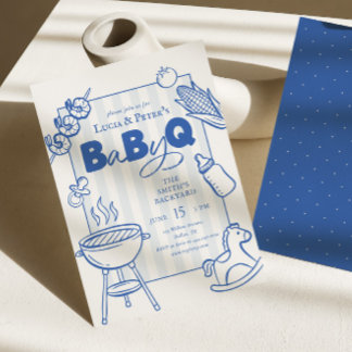 Moderne Blauwe BBQ Couples Baby-Q Baby Shower Kaart