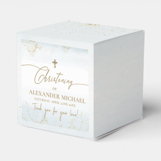 Moderne Blauwe Bedankt Jongen Gouden Kruis Doop Bedankdoosjes (Achterkant)