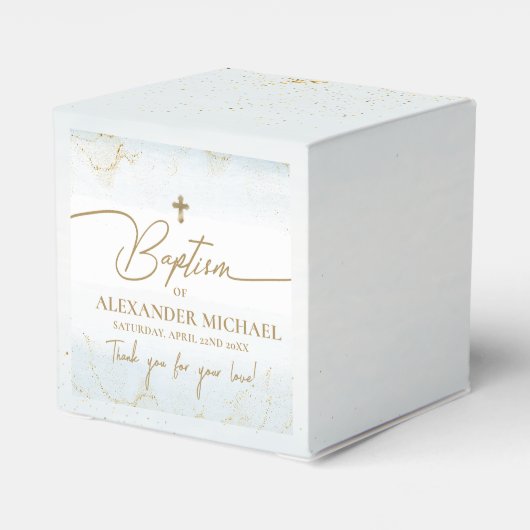 Moderne Blauwe Bedankt Jongen Gouden Kruis Doop Bedankdoosjes (Achterkant)