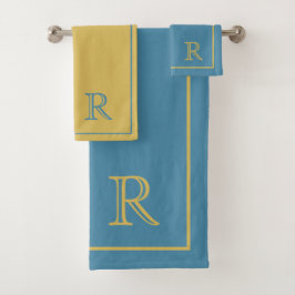 moderne Blauwe & Beige initiële Monogram Patroon Bad Handdoek