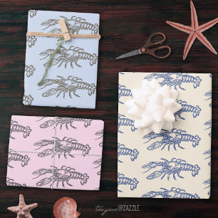 Moderne  blauwe beige roze kreeft inpakpapier vel