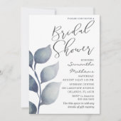 Moderne blauwe bladermotief watercolor bruidsdouch kaart (Voorkant)