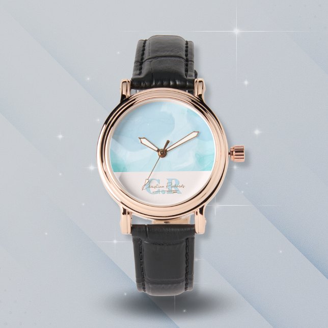 Moderne Blauwe Blauwgroen Waterverf Horloge (Creator heeft geüpload)