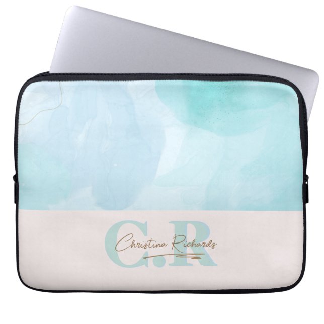 Moderne Blauwe Blauwgroen Waterverf Laptop Sleeve (Voorkant)