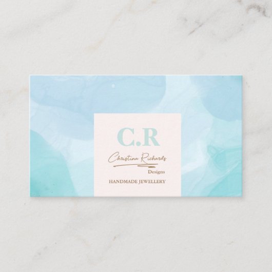 Moderne Blauwe Blauwgroen Waterverf Visitekaartje (Voorkant)