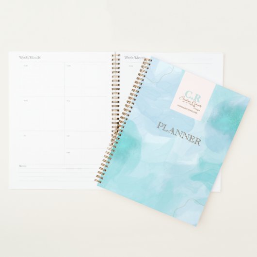 Moderne Blauwe Blauwgroen Waterverf Zaken Planner (Display)