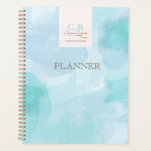 Moderne Blauwe Blauwgroen Waterverf Zaken Planner (Voorkant)