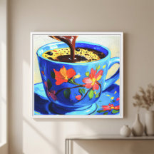 Moderne Blauwe Bloem Coffee Cup Vierkante Canvas
