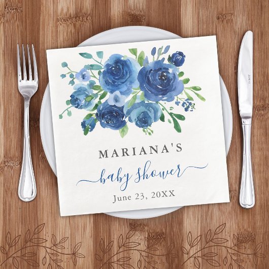 Moderne blauwe bloem jongens babyshower servet