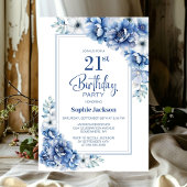 Moderne Blauwe Bloemen 21ste Verjaardagsfeest Kaart