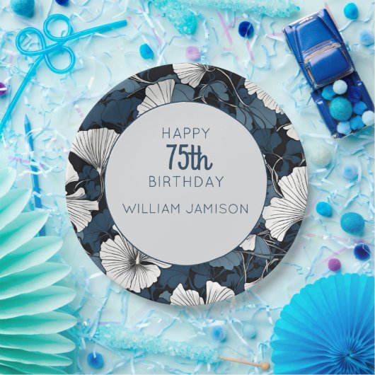 Moderne Blauwe Bloemen 75e Verjaardagsfeest Papieren Bordje (Feest)