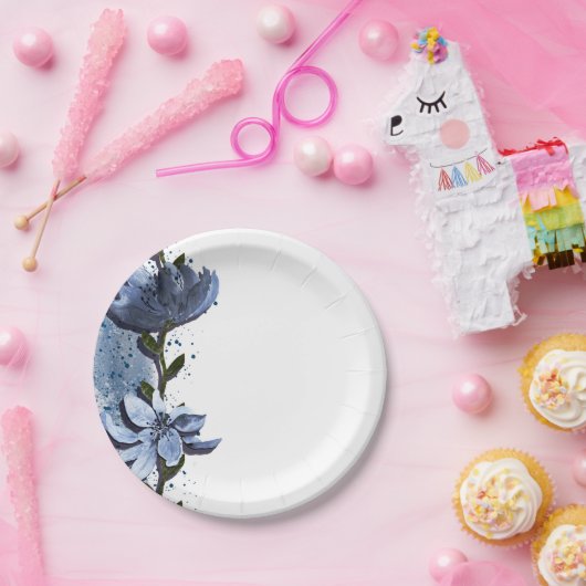 Moderne Blauwe Bloemen Bloemrijke Waterverf Bruilo Papieren Bordje (Feest)