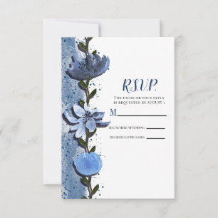 Moderne Blauwe Bloemen Bloemrijke Waterverf Huweli RSVP Kaartje