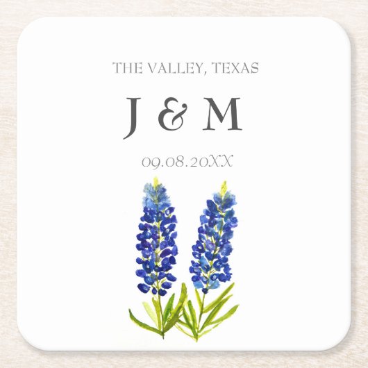 Moderne Blauwe Bloemen Bluebonnet Custom Bruiloft Kartonnen Onderzetters (Voorkant)