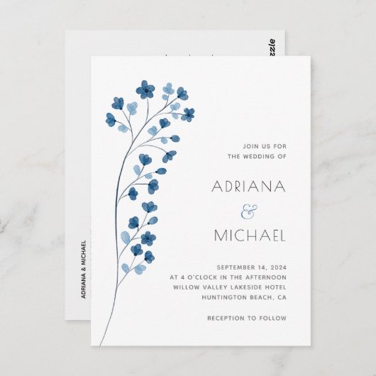 Moderne Blauwe Bloemen Bruiloft Website Uitnodigin Briefkaart (Voorkant / Achterkant)