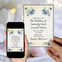 Moderne blauwe bloemen en vlinders bruiloft