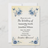 Moderne blauwe bloemen en vlinders bruiloft kaart (Voorkant)