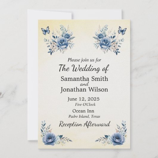 Moderne blauwe bloemen en vlinders bruiloft kaart (Voorkant)